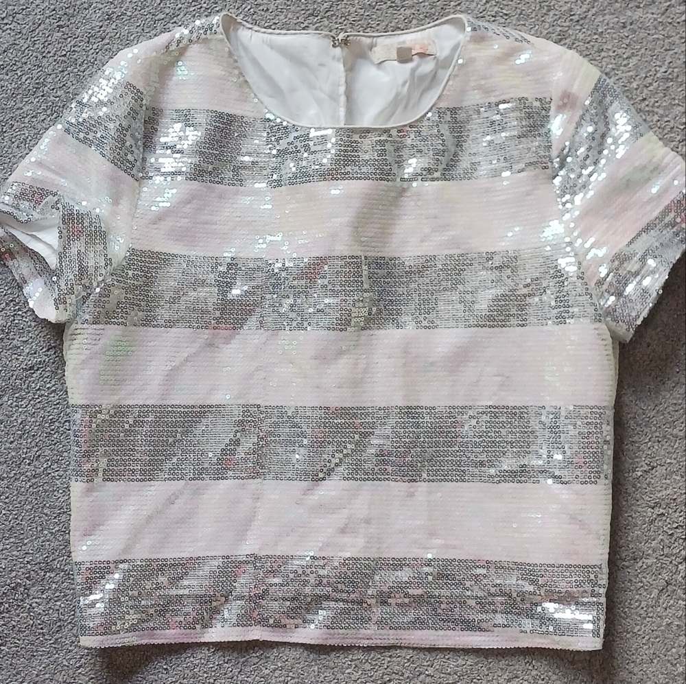 GB Gray and White Short Sleeved Sequined Top